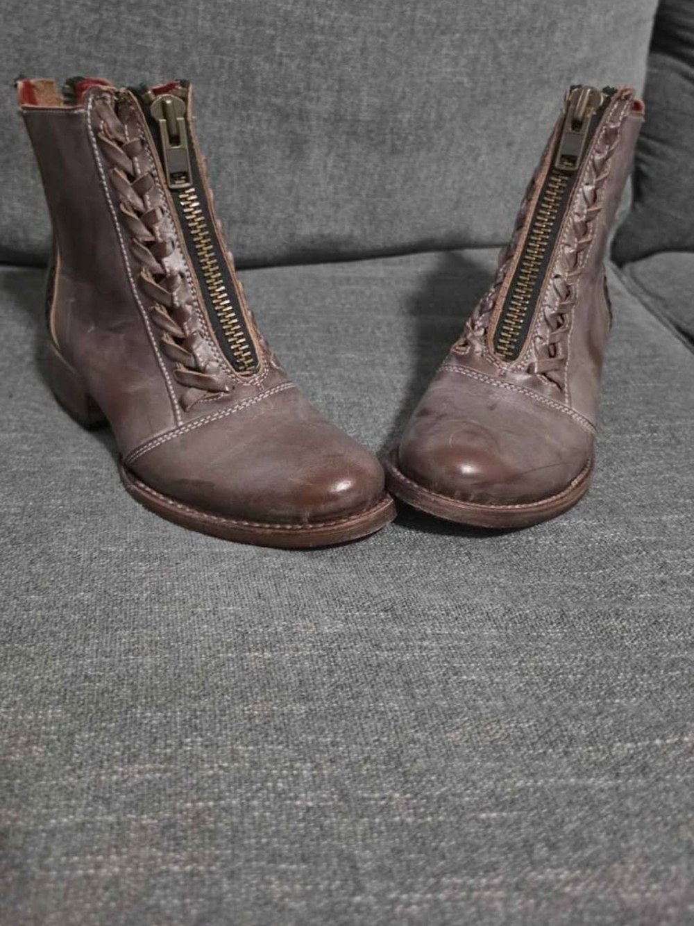 freebird Brown Leather Front-Zip Ankle Booties with Braided Trim